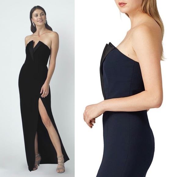 JAY GODFREY Navy Blue Strapless Tuxedo Sleeveless Column Side Slit Maxi Gown 10 - Picture 2 of 7
